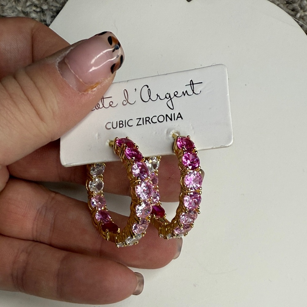 Cubic Zirconia Pink and Gold Hoop Earrings